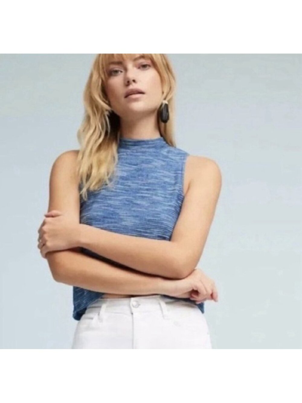 ANTHROPOLOGIE POSTMARK Blue Sleeveless Mock Neck Cotton Tank Top Women's Size S